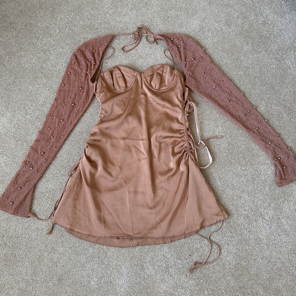 Oh Polly embellished satin mini beige dress
